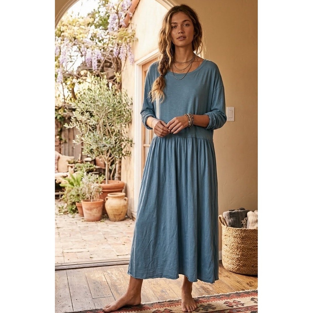 Free People Beach Women M Jersey Blue Maxi Casual Dress Comfy Vacation Resort